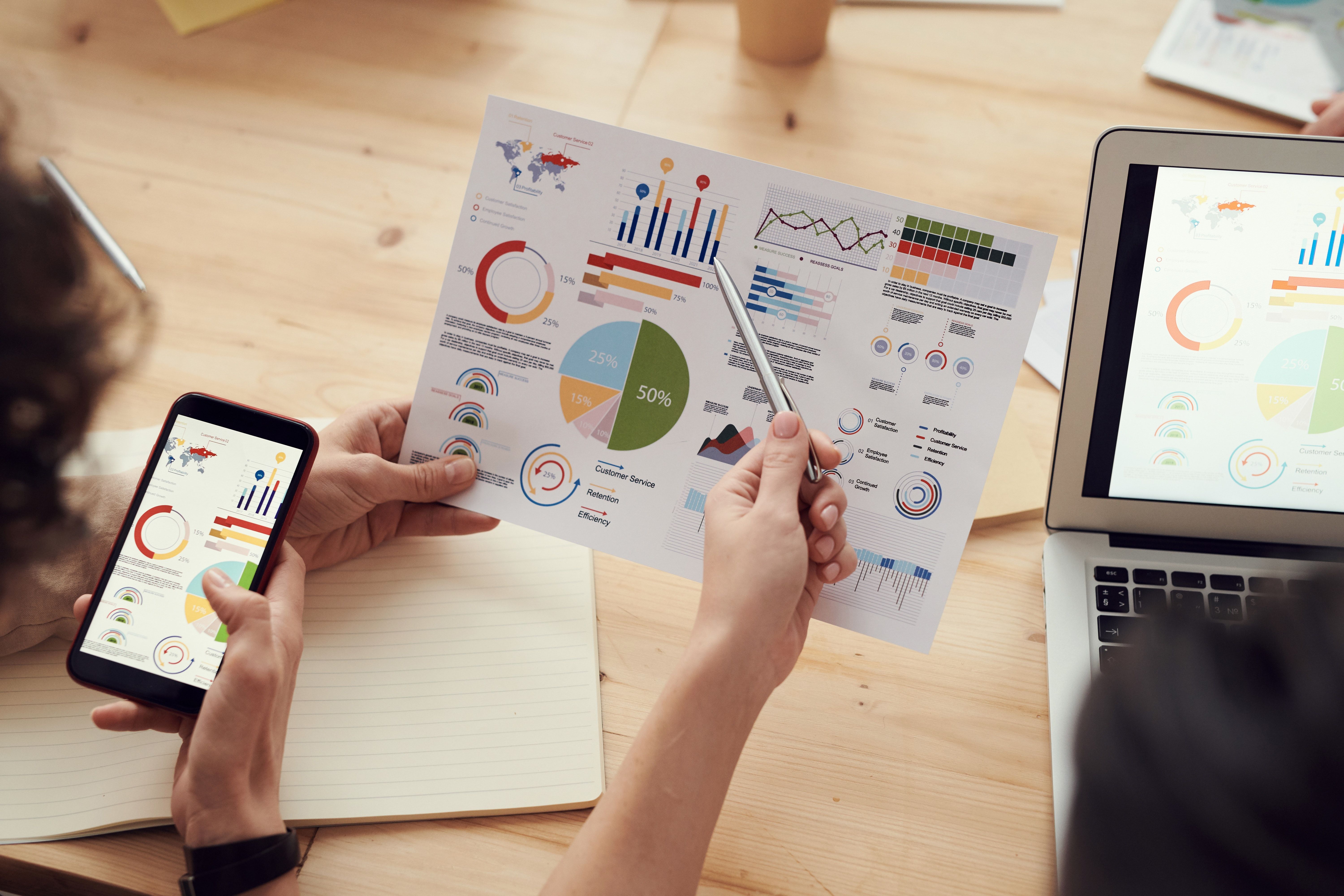 Business people analyzing data on mobile devices.