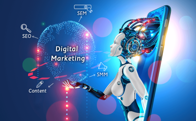 A futuristic illustration of a humanoid robot interacting with a holographic display that reads 'Digital Marketing' surrounded by icons representing SEO, SEM, SMM, and content, symbolizing the integration of artificial intelligence in digital marketing strategies.